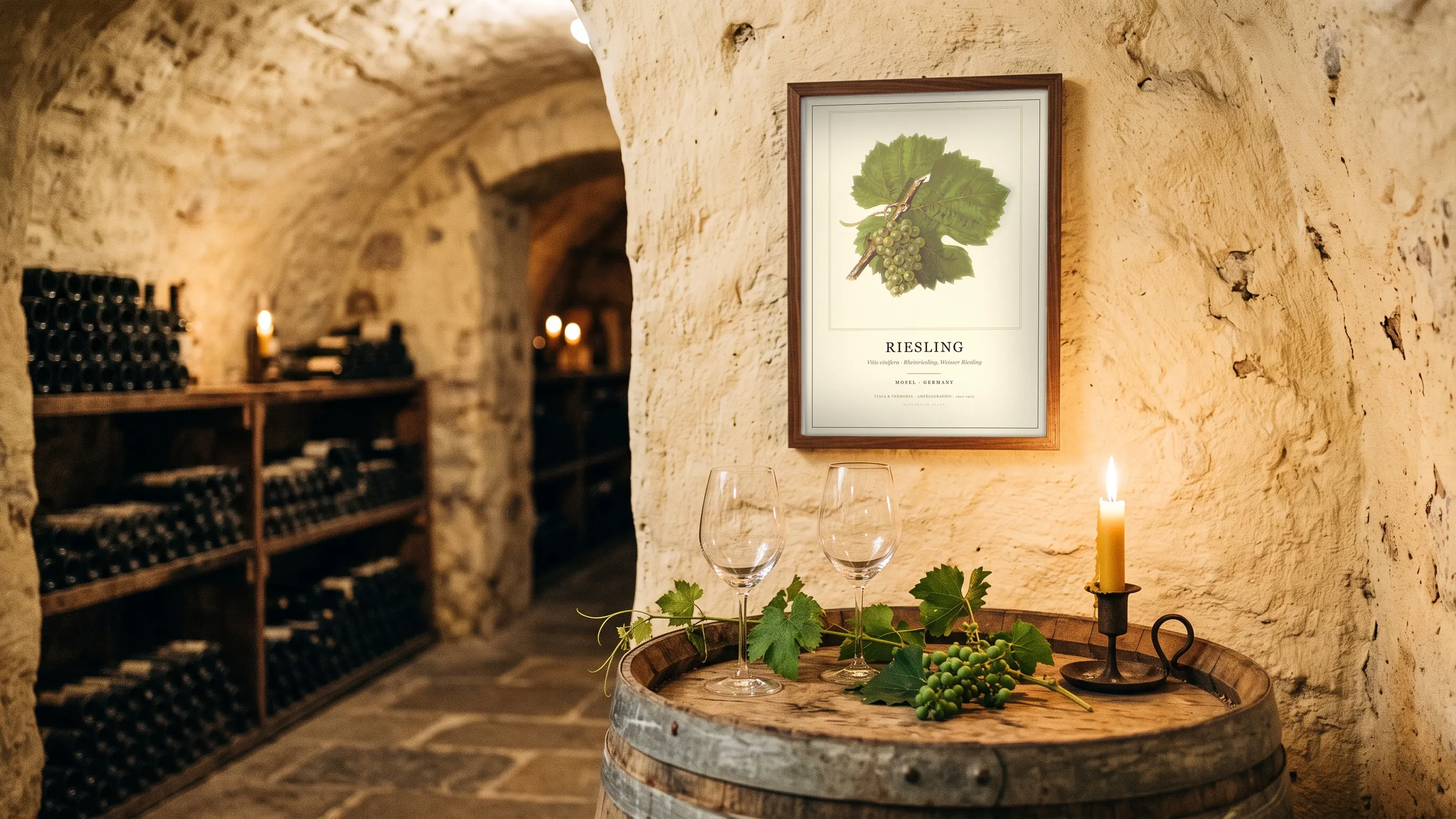 A grape variety plate framed on a wall