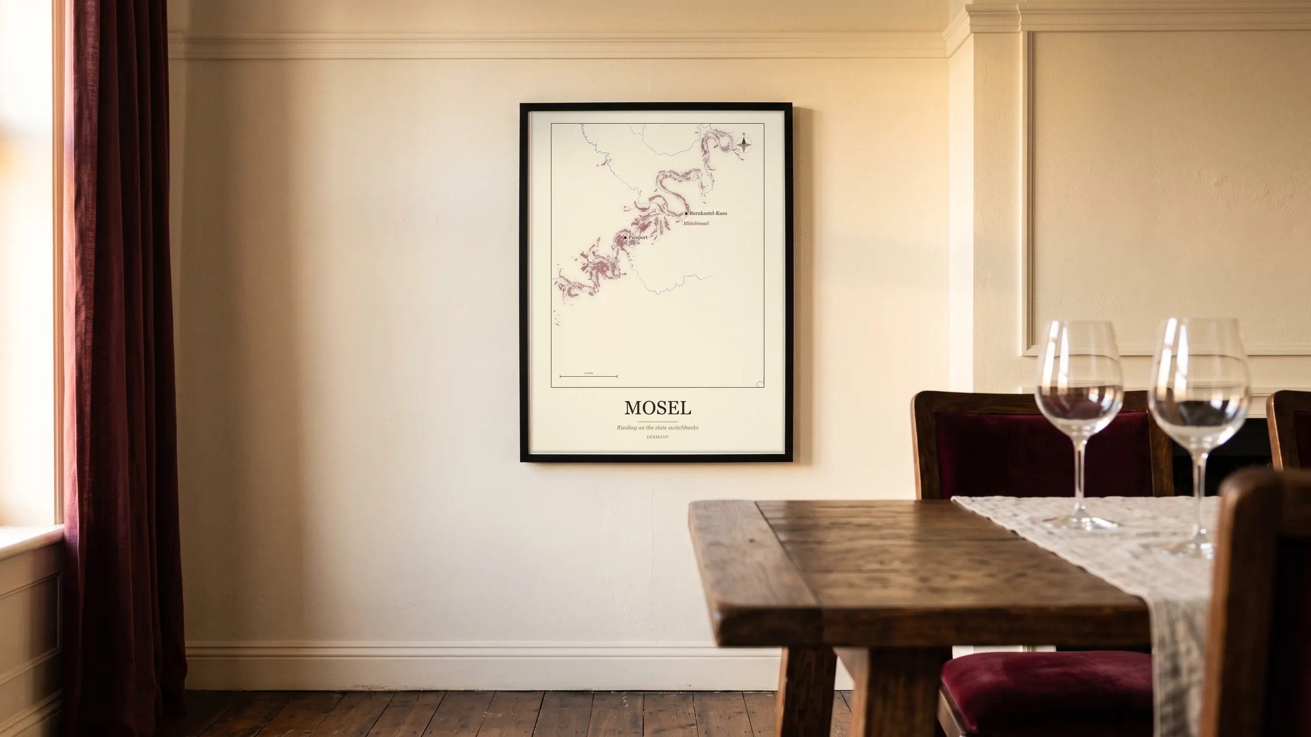 Mosel wine region map framed in a dining room