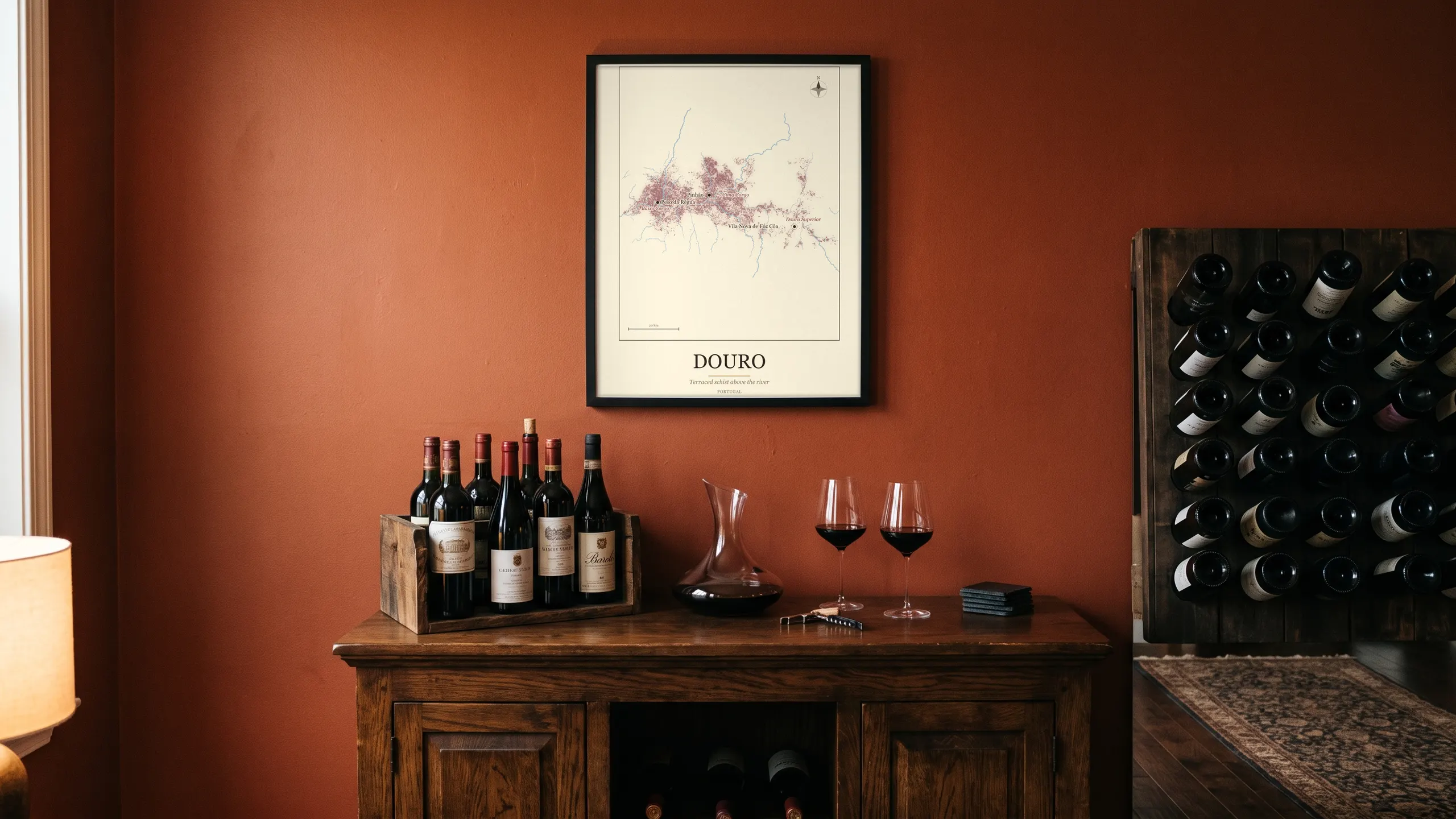 Douro wine region map framed above a wine rack